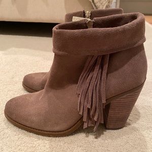 Grayish Brownish suede fringe booties